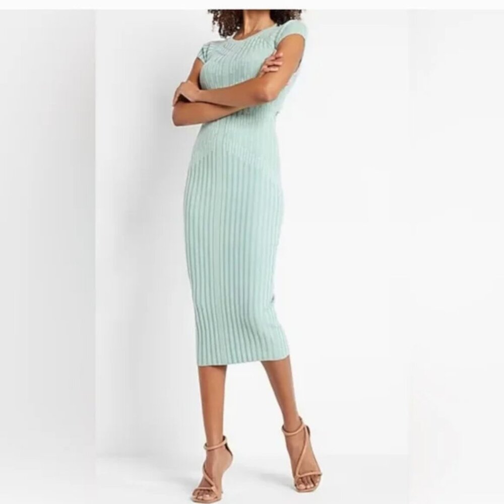 Express Ribbed Twist Back Short Sleeve Midi Sweater Dress NWT